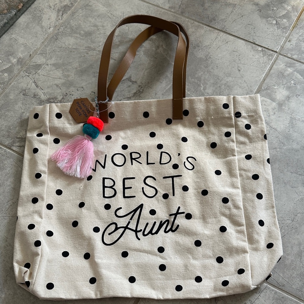 ✨ NWT Polka Dot Canvas Tote Bag – Boho Tassel & Leather Straps